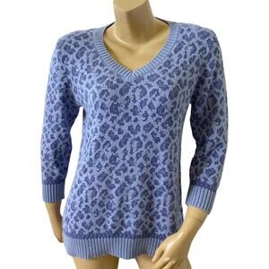HEARTS OF PALM Womens Size Small Blue 3/4 Sleeve V Neck Animal Print Sweater